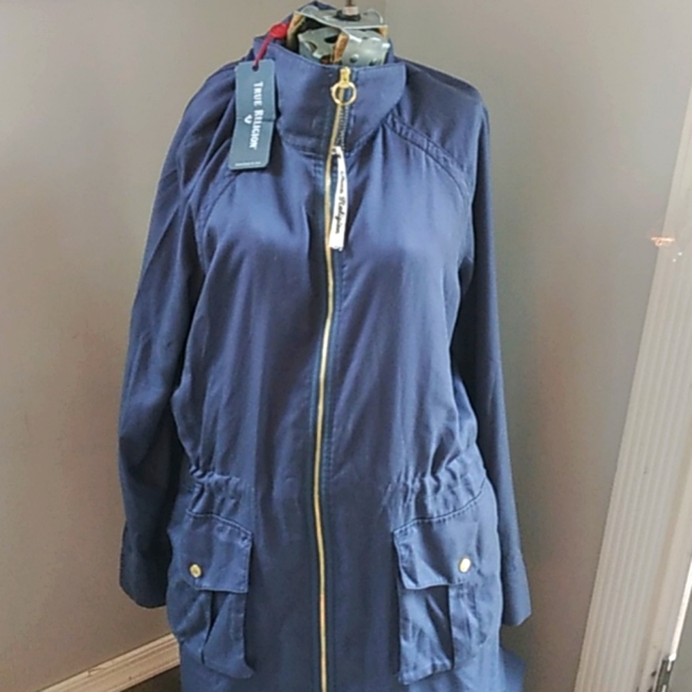 NEW TRUE RELIGION MED BLUE BIKER TRENCH XL